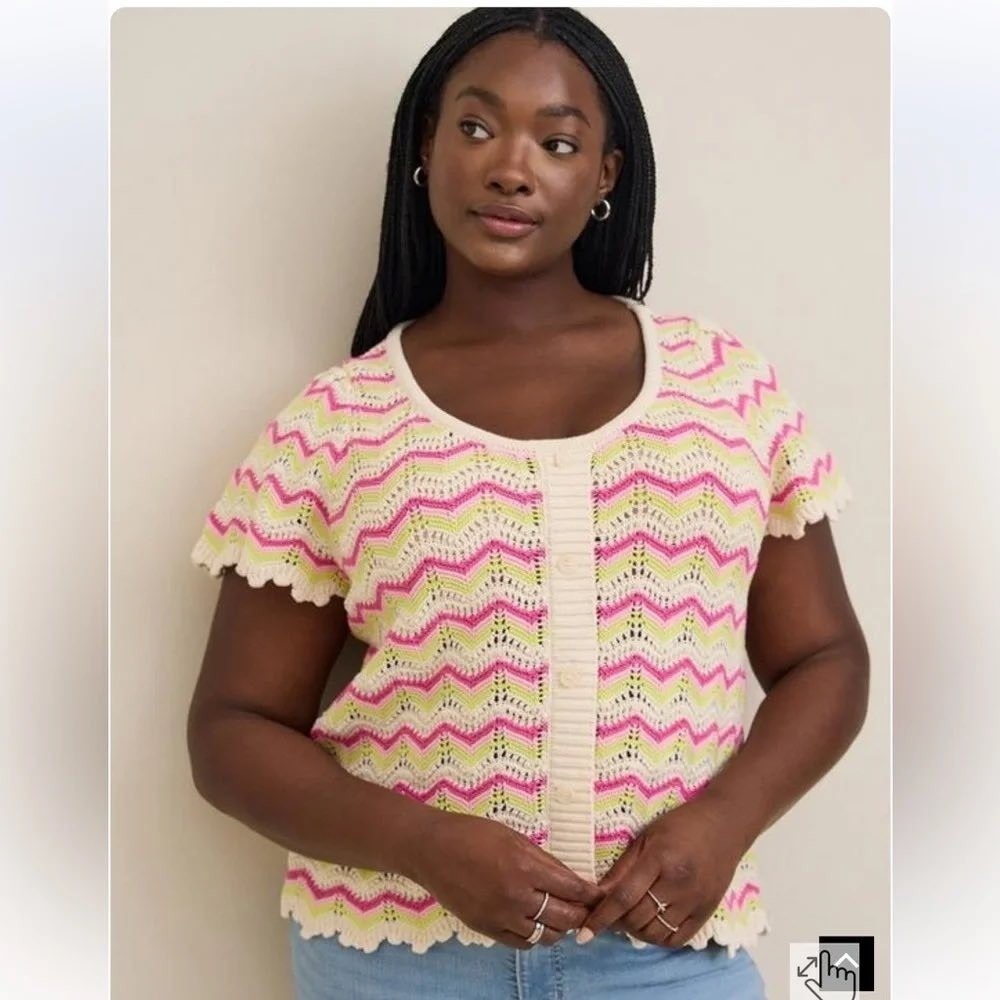 Torrid Cardigan 2X Pink Chevron Crochet Knit Short Sleeve Scalloped Trim Sweater